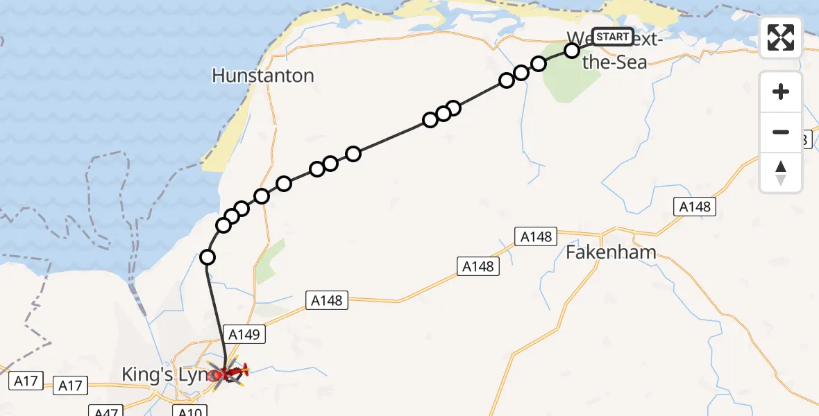 Flight route Air Ambulance Helicopter Wells-Next-the-Sea - King's Lynn and West Norfolk, 04 August 2026, 16:15