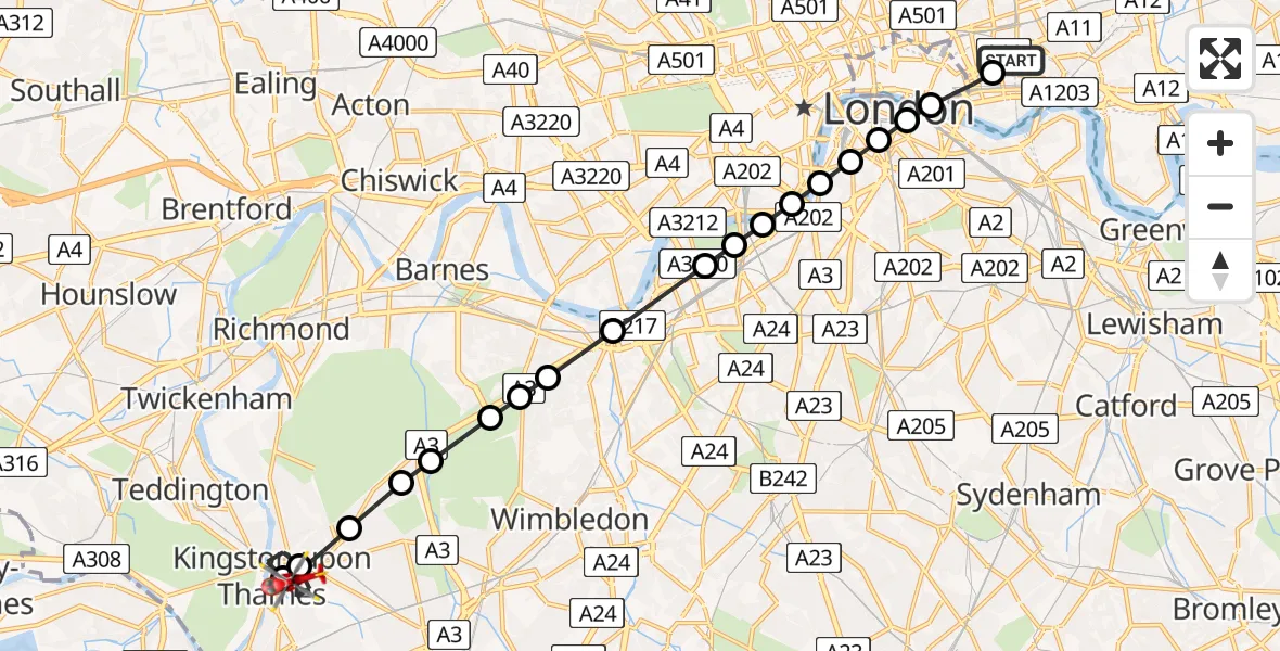 Flight route Air Ambulance Helicopter Royal London Hospital - Norbiton, 04 August 2026, 16:17