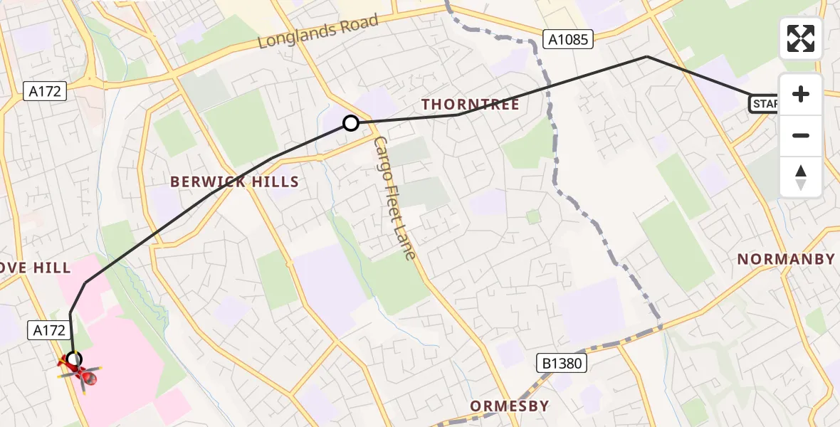 Flight route Air Ambulance Helicopter Middlesbrough - James Cook University Hospital, 04 August 2026, 16:17