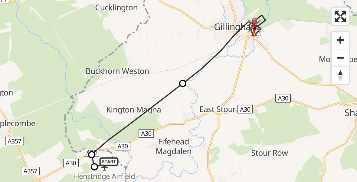 Flight route Air Ambulance Helicopter Henstridge Airfield - Gillingham, 04 August 2026, 16:20