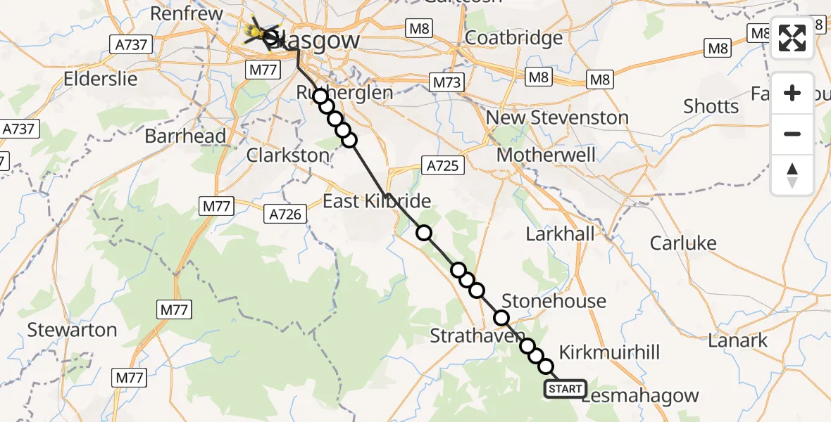 Flight route Police Helicopter Lesmahagow - Glasgow City Heliport, 04 August 2026, 16:21