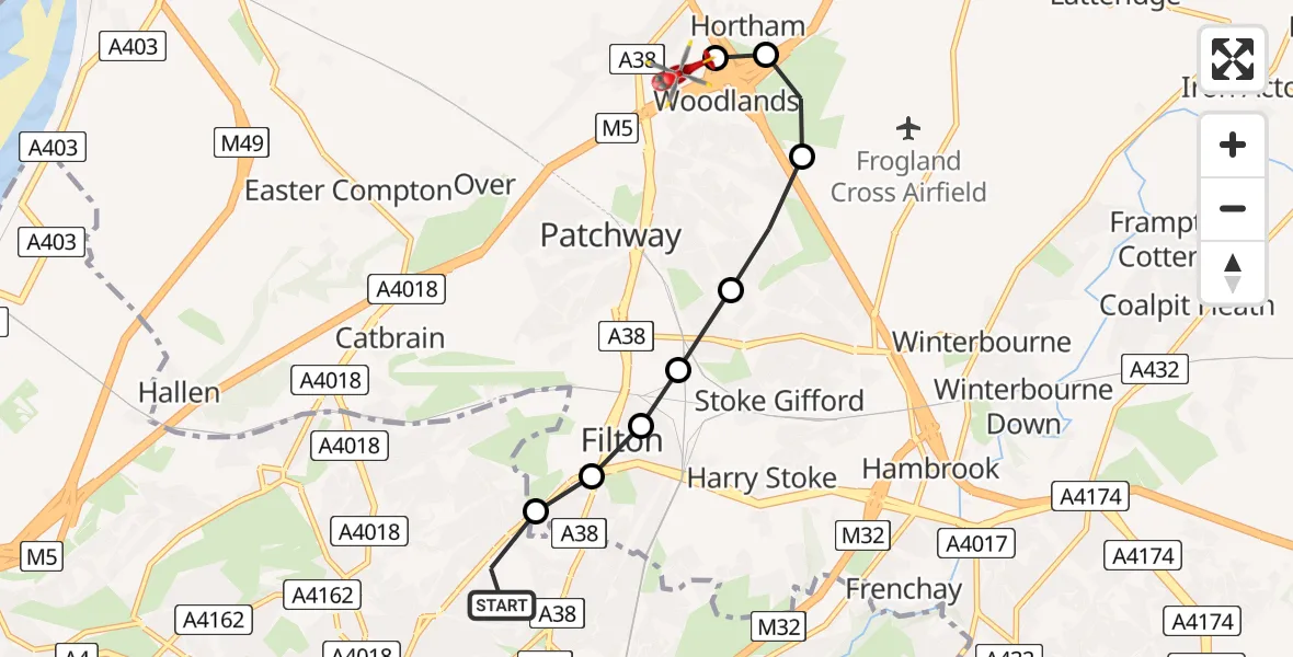 Flight route Air Ambulance Helicopter Southmead Hospital - Almondsbury Helicopter Base, 04 August 2026, 16:23
