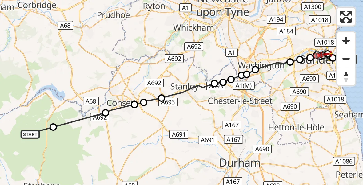 Flight route Air Ambulance Helicopter Edmondbyers - Millfield, 04 August 2026, 16:32