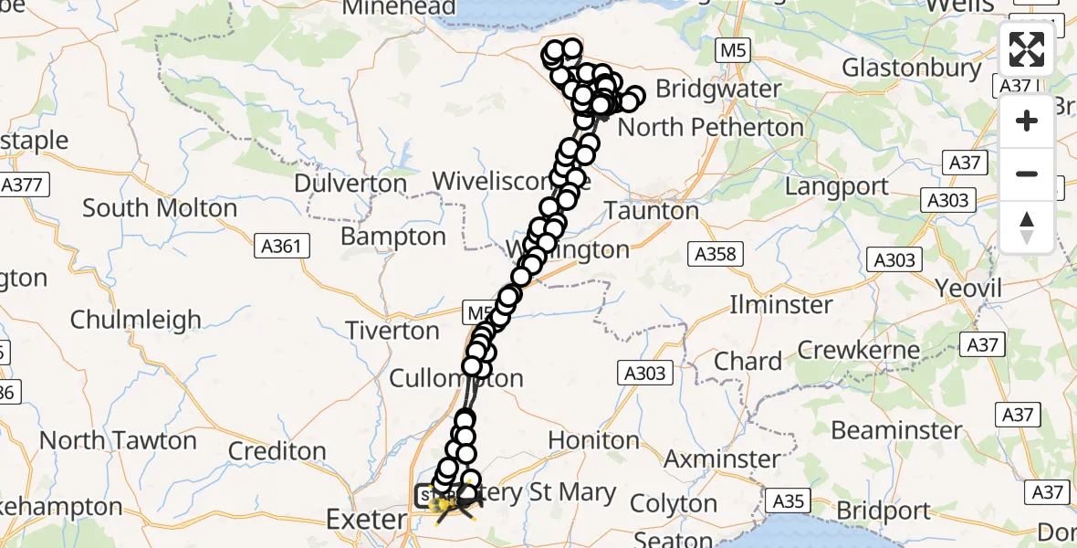 Flight route Police Helicopter Cranbrook - Rockbeare, 04 August 2026, 16:48