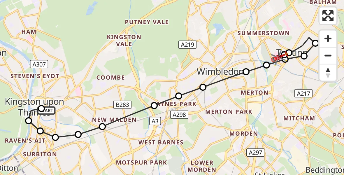 Flight route Air Ambulance Helicopter Norbiton - St Georges Hospital, 04 August 2026, 17:03