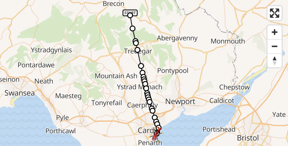 Flight route Air Ambulance Helicopter Pennorth - Cardiff Heliport, 04 August 2026, 17:09