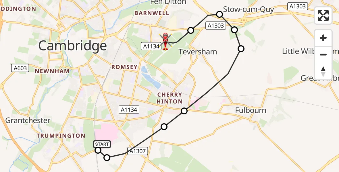 Flight route Air Ambulance Helicopter Papworth Hospital - Cambridge City Airport, 04 August 2026, 17:13