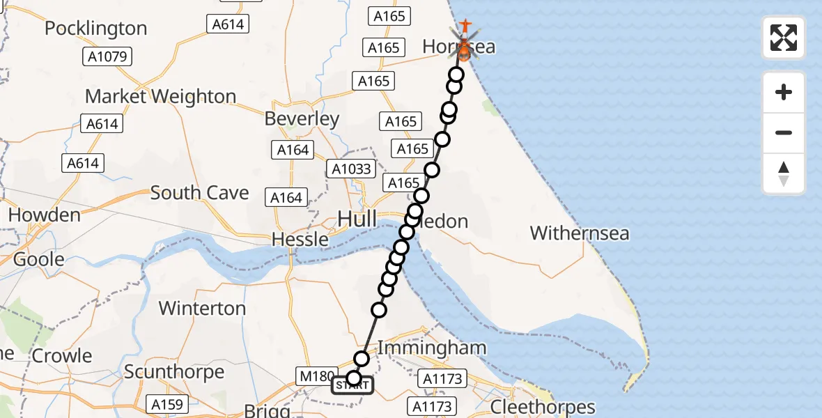 Flight route Coastguard Helicopter Humberside Airport - Hornsea, 04 August 2026, 17:16