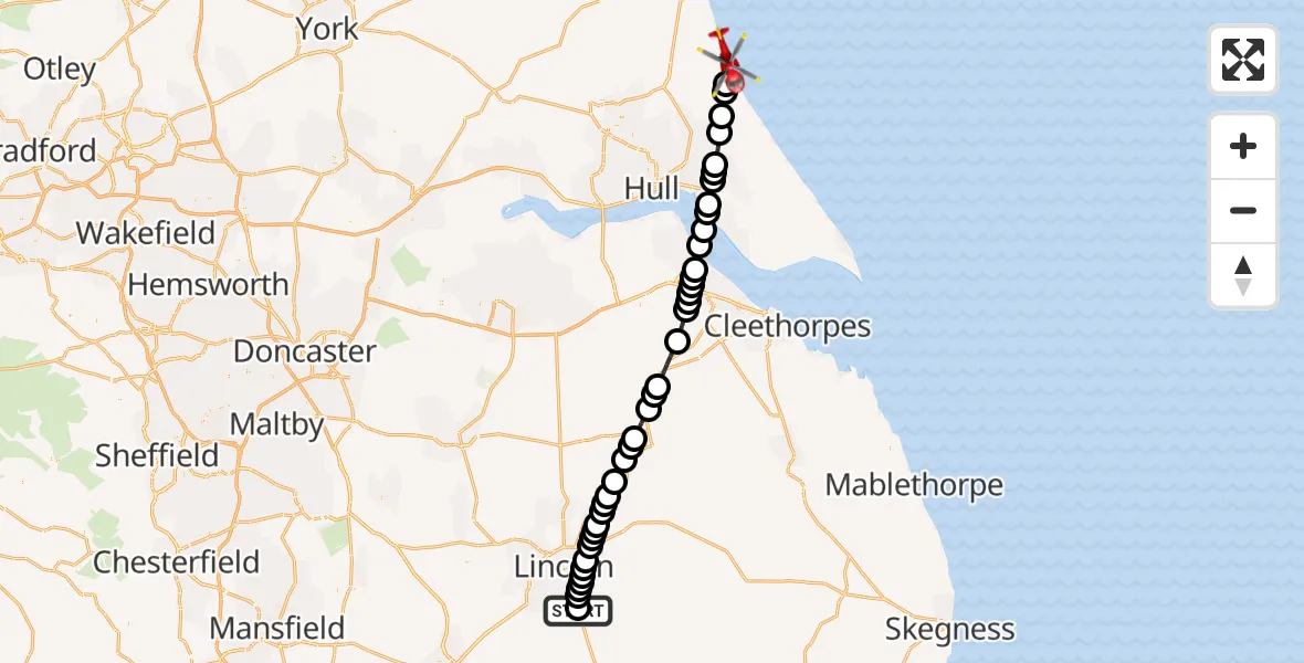 Flight route Air Ambulance Helicopter RAF Waddington - Hornsea, 04 August 2026, 17:18