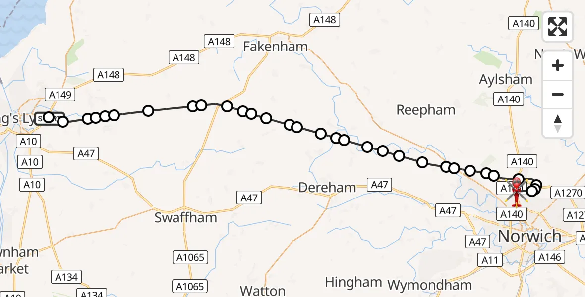 Flight route Air Ambulance Helicopter Queen Elizabeth Hospital - Norwich Airport, 04 August 2026, 17:20
