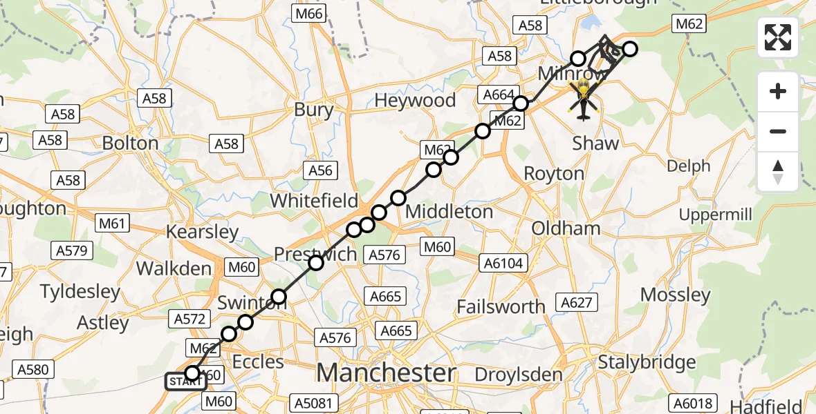Flight route Police Helicopter Manchester Barton Aerodrome - Rochdale, 04 August 2026, 17:22