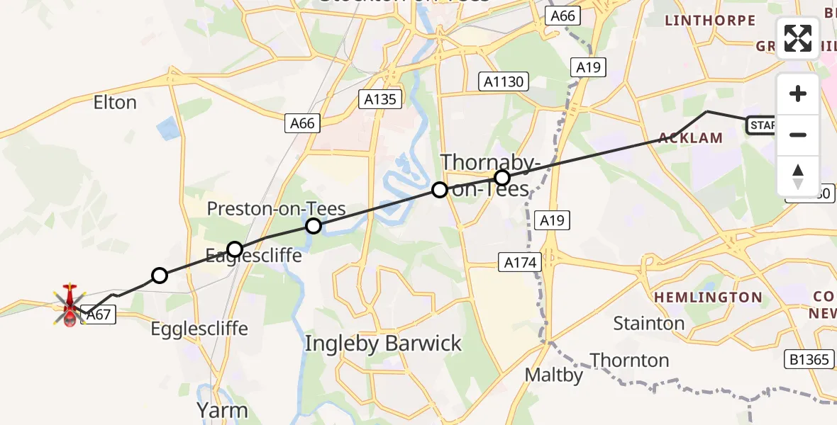 Flight route Air Ambulance Helicopter Middlesbrough - Egglescliffe, 04 August 2026, 17:26