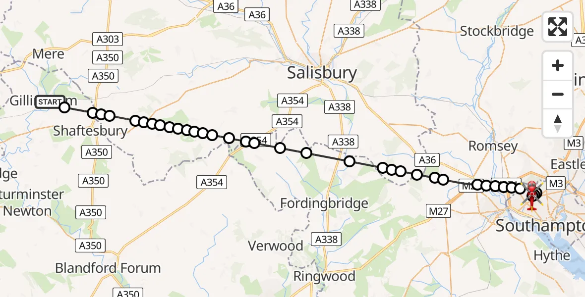 Flight route Air Ambulance Helicopter Gillingham - University Hospital Southampton, 04 August 2026, 17:28