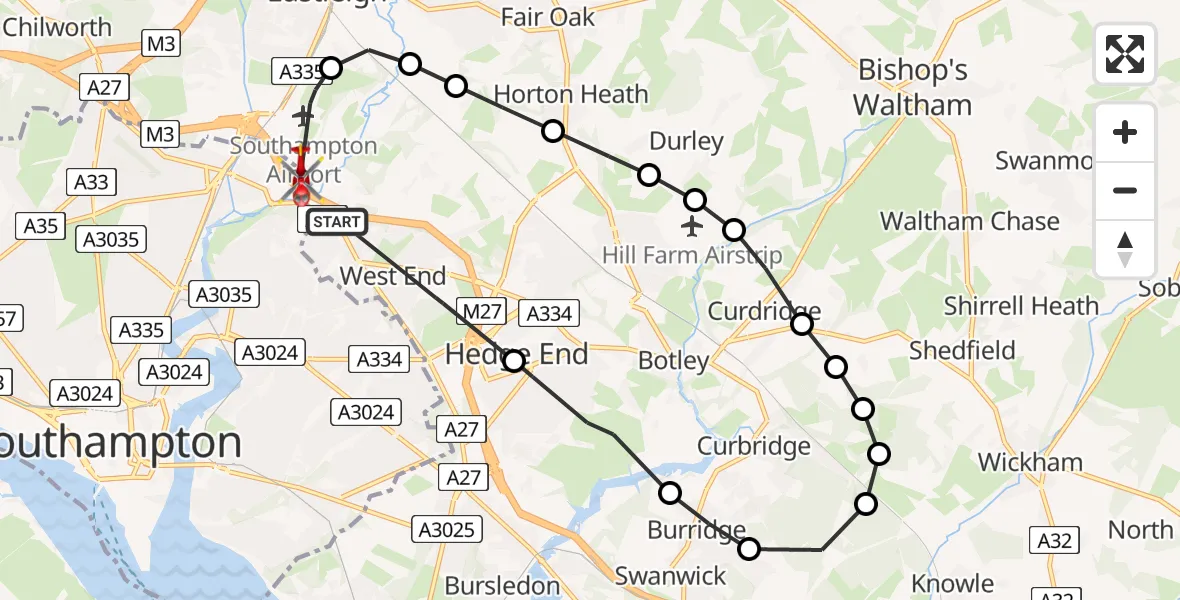 Flight route Air Ambulance Helicopter Eastleigh - Mansbridge, 04 August 2026, 17:31