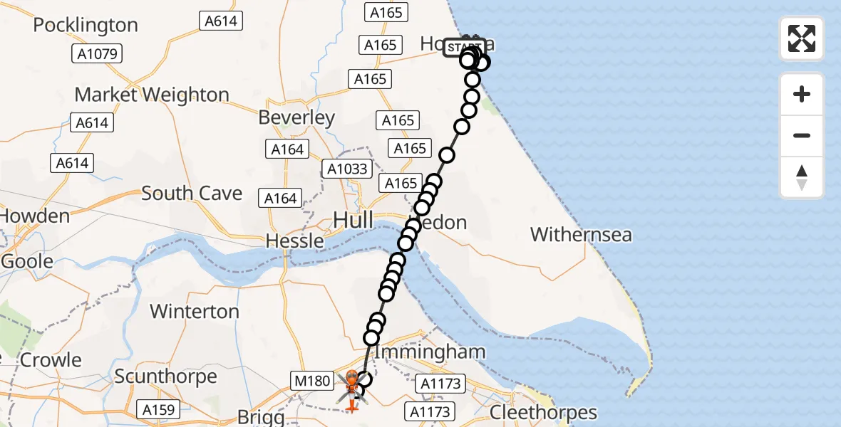 Flight route Coastguard Helicopter Hornsea - Humberside Airport, 04 August 2026, 17:35