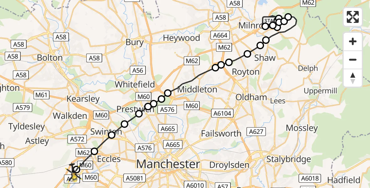 Flight route Police Helicopter Rochdale - Manchester Barton Aerodrome, 04 August 2026, 17:38