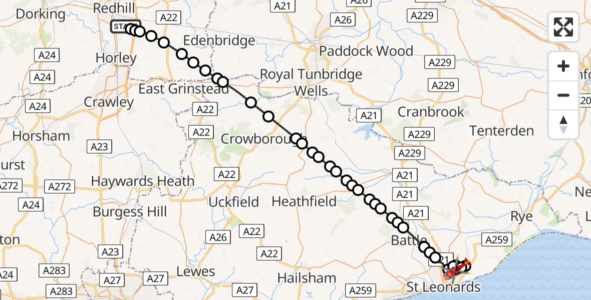 Flight route Air Ambulance Helicopter Redhill Aerodrome - St Leonards, 04 August 2026, 17:49
