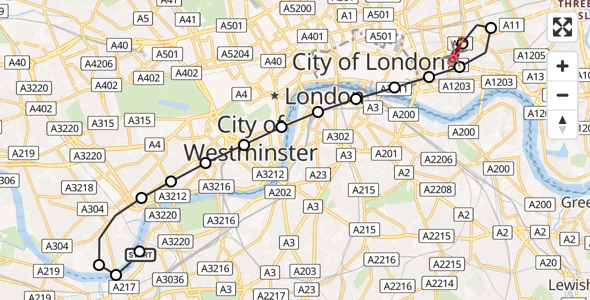 Flight route Air Ambulance Helicopter London Heliport - Royal London Hospital, 04 August 2026, 18:09