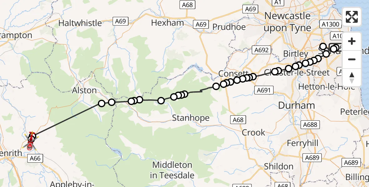 Flight route Air Ambulance Helicopter Southwick - Langwathby, 04 August 2026, 18:28