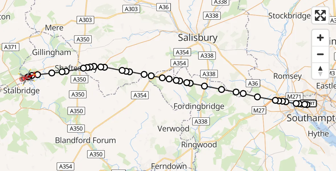 Flight route Air Ambulance Helicopter University Hospital Southampton - Henstridge Airfield, 04 August 2026, 18:39