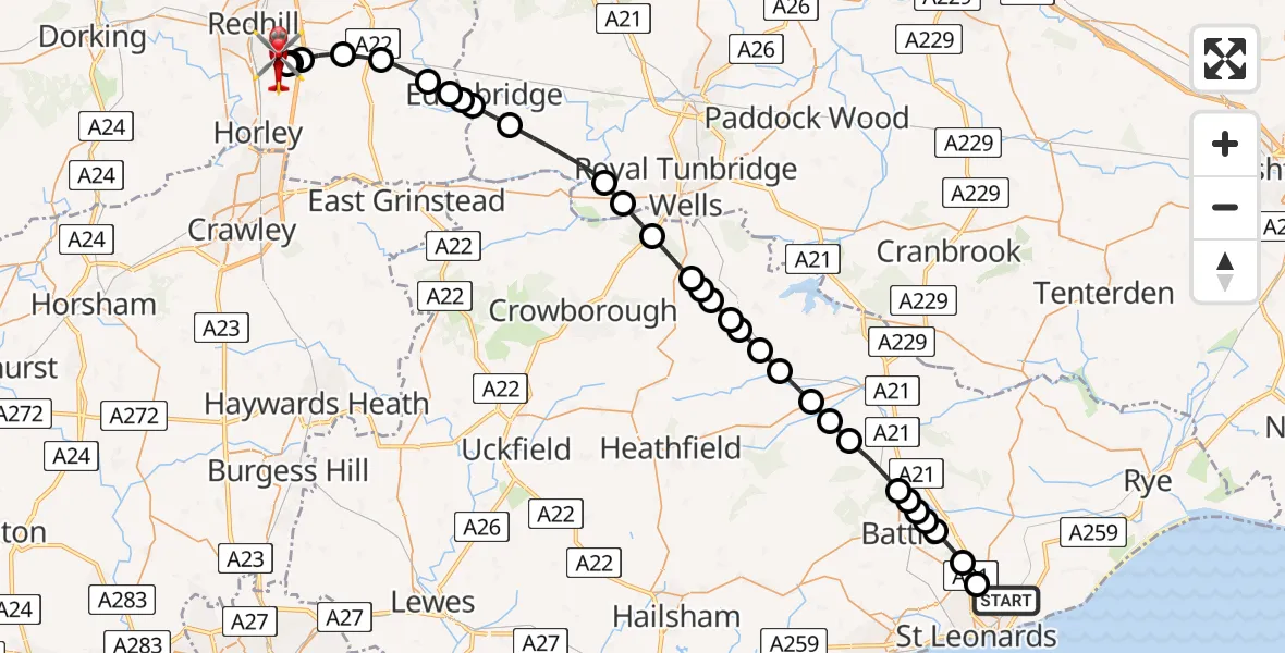Flight route Air Ambulance Helicopter St Leonards - Redhill Aerodrome, 04 August 2026, 18:42