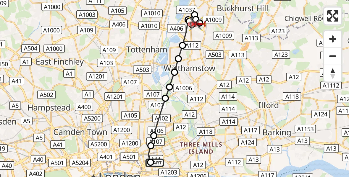 Flight route Air Ambulance Helicopter Royal London Hospital - Highams Park, 04 August 2026, 18:43