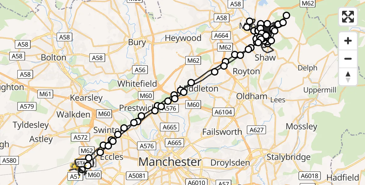 Flight route Police Helicopter Worsley - Manchester Barton Aerodrome, 04 August 2026, 19:07