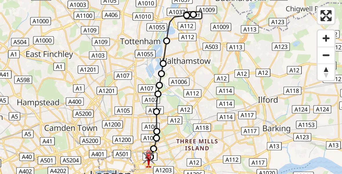 Flight route Air Ambulance Helicopter Highams Park - Royal London Hospital, 04 August 2026, 19:10