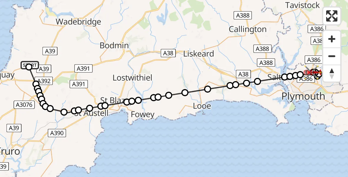Flight route Air Ambulance Helicopter Cornwall Airport Newquay - Derriford Hospital, 04 August 2026, 19:12