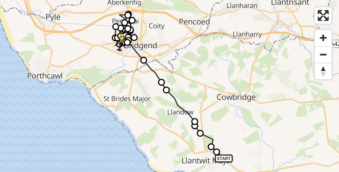 Flight route Police Helicopter Boverton - Cefn Glas, 04 August 2026, 19:26