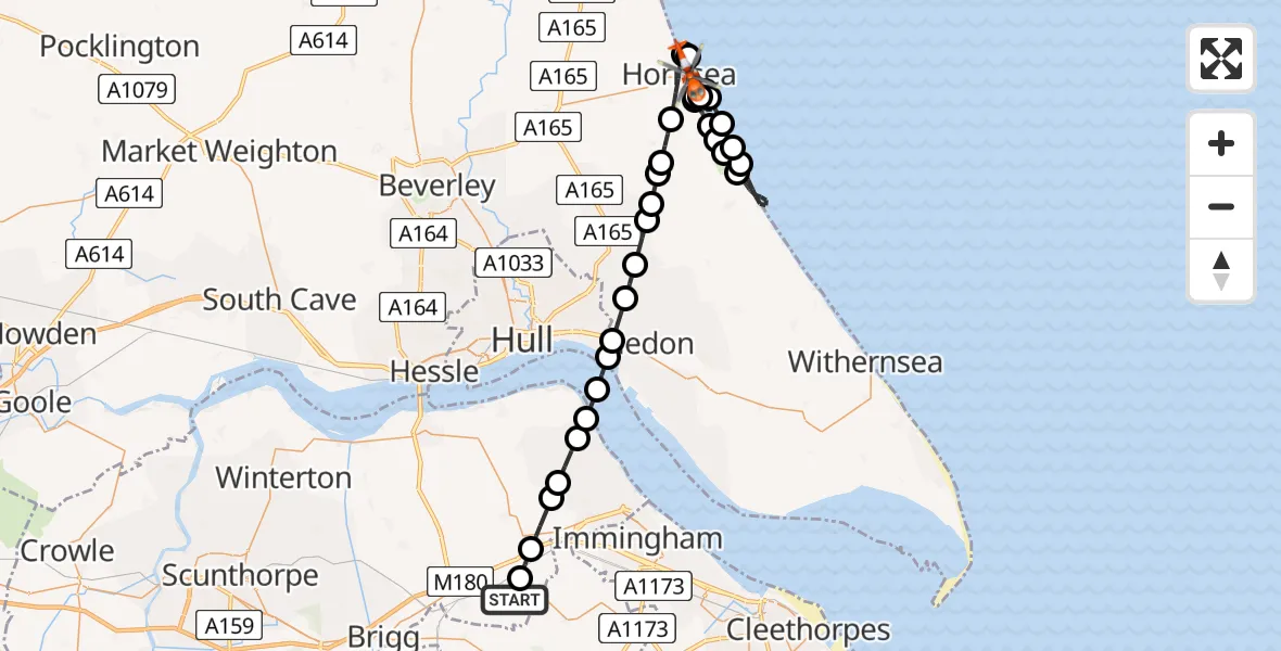 Flight route Coastguard Helicopter Humberside Airport - Hornsea, 04 August 2026, 19:43