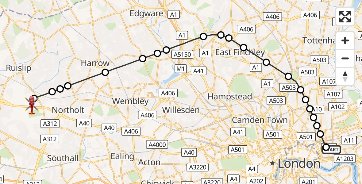 Flight route Air Ambulance Helicopter Royal London Hospital - RAF Northolt, 04 August 2026, 19:46