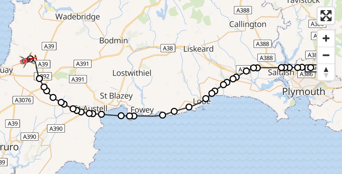 Flight route Air Ambulance Helicopter Derriford Hospital - Cornwall Airport Newquay, 04 August 2026, 20:14