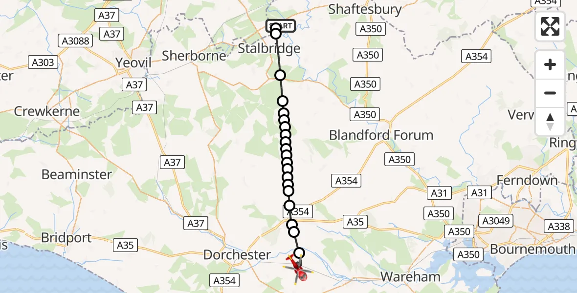 Flight route Air Ambulance Helicopter Henstridge Airfield - Crossways, 04 August 2026, 20:15