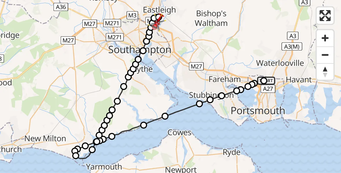 Flight route Air Ambulance Helicopter Queen Alexandra Hospital - Southampton Airport, 04 August 2026, 20:21