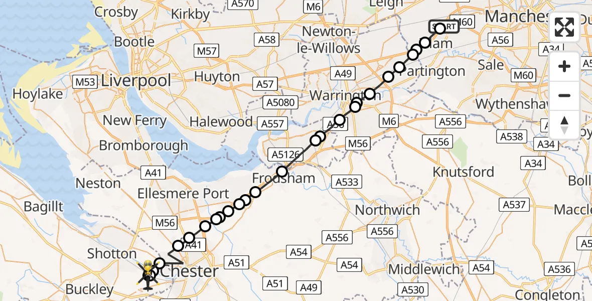 Flight route Police Helicopter Irlam - Hawarden Airport, 04 August 2026, 20:33