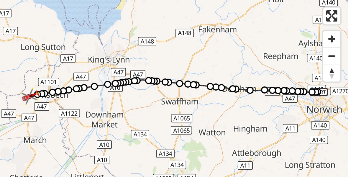 Flight route Air Ambulance Helicopter Norwich Airport - Gorefield, 04 August 2026, 21:06