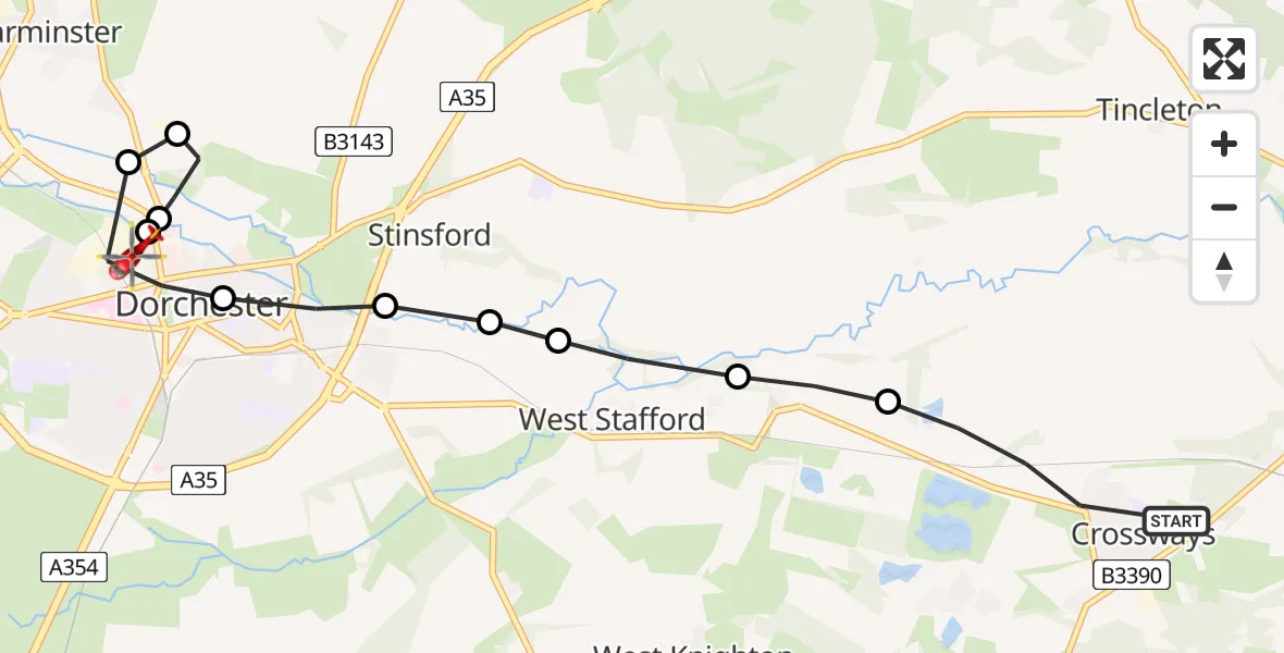 Flight route Air Ambulance Helicopter Crossways - Dorchester, 04 August 2026, 21:16