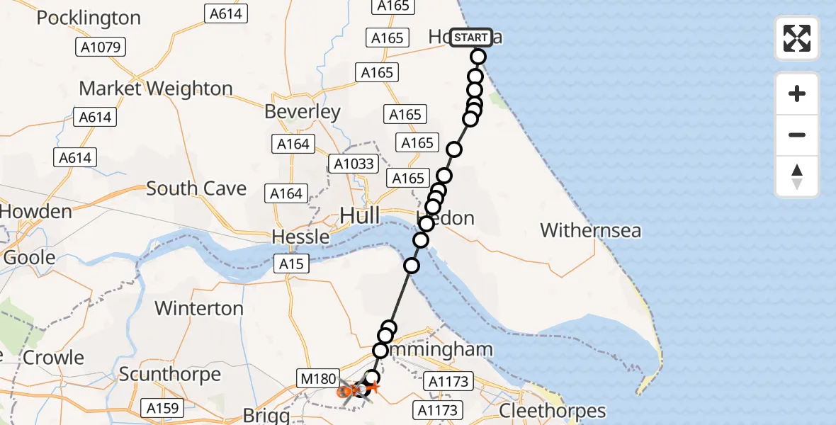 Flight route Coastguard Helicopter Hornsea - Humberside Airport, 04 August 2026, 21:22