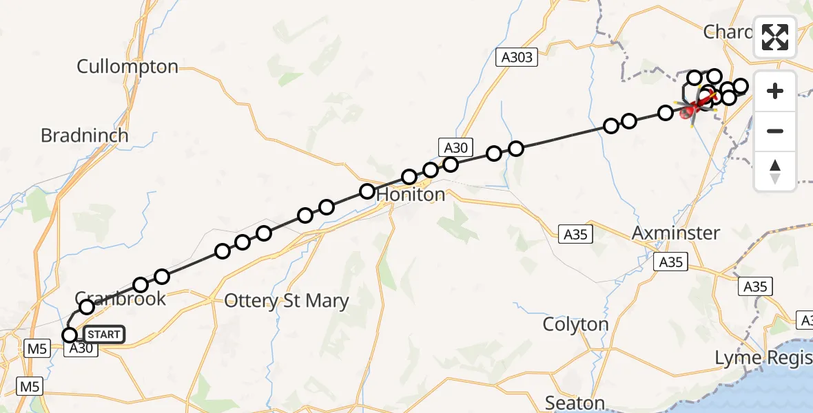 Flight route Air Ambulance Helicopter Exeter International Airport - Chardstock, 04 August 2026, 21:24