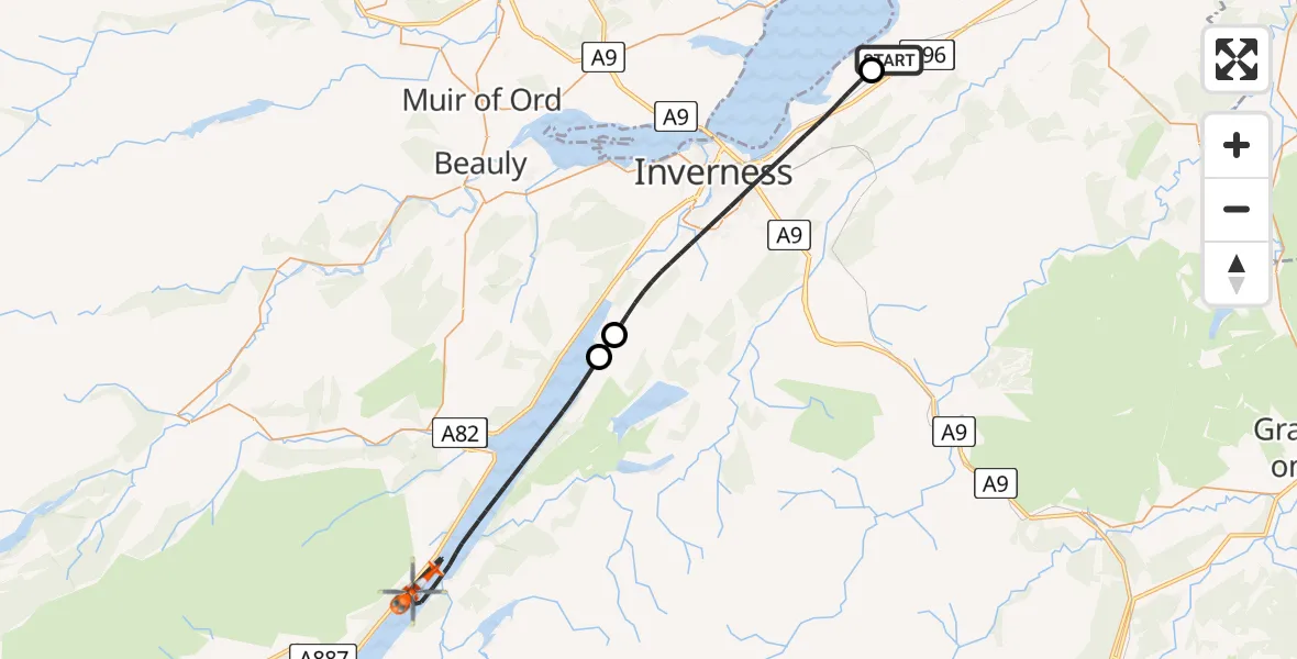 Flight route Coastguard Helicopter Inverness Airport - Loch Ness, 04 August 2026, 21:25