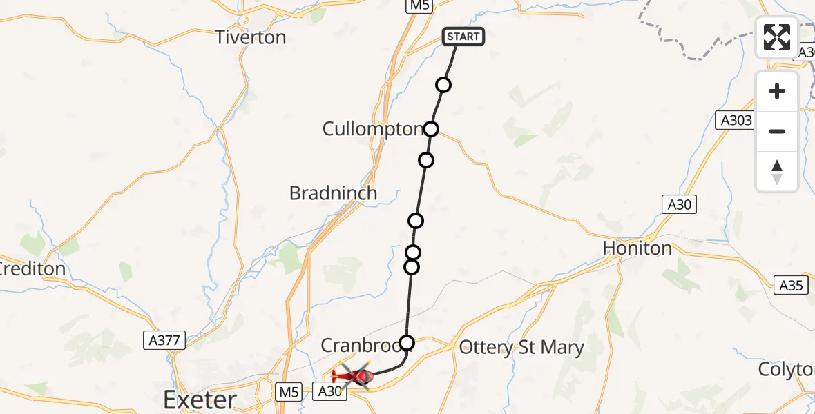 Flight route Air Ambulance Helicopter Uffculme - Exeter International Airport, 04 August 2026, 22:07