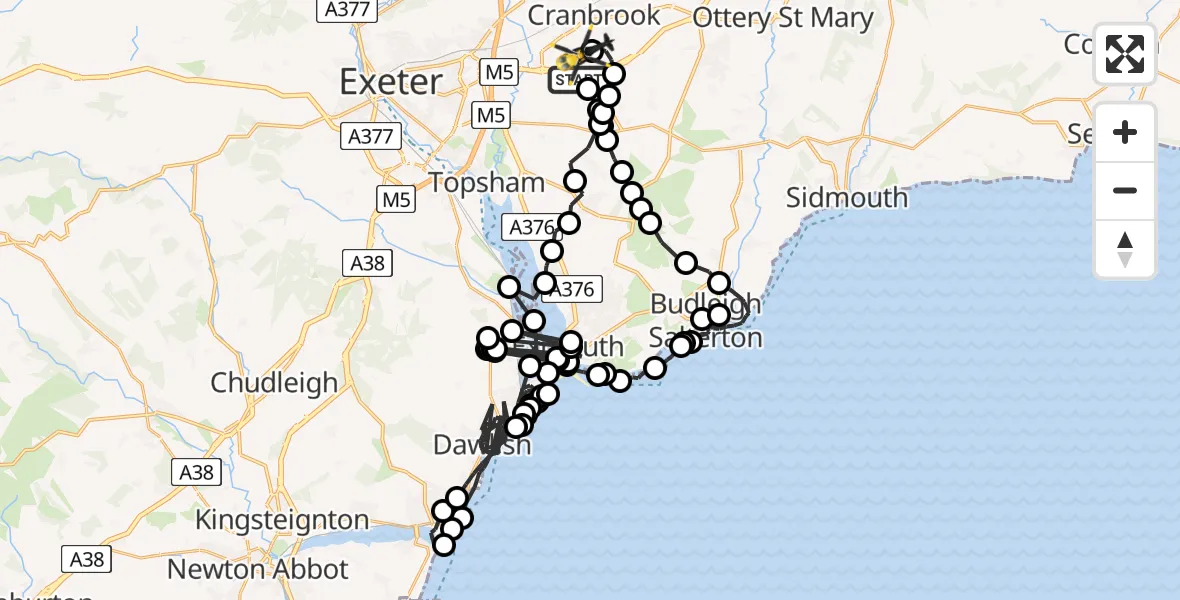 Flight route Police Helicopter Exeter International Airport - Exeter International Airport, 04 August 2026, 22:07