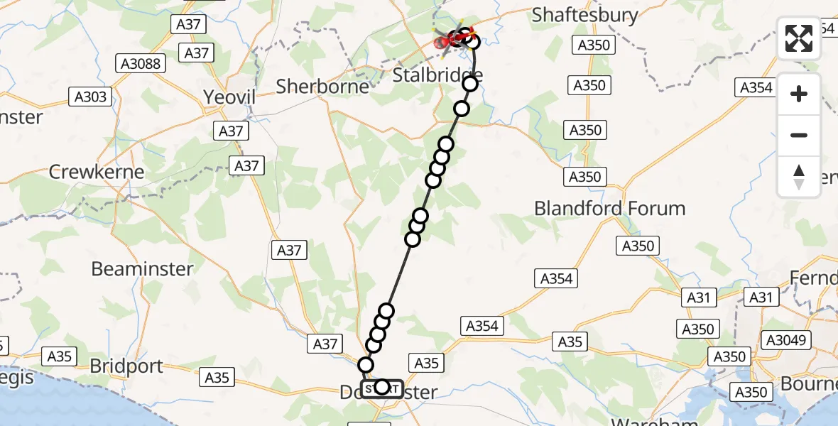 Flight route Air Ambulance Helicopter Dorchester Hospital - Henstridge Airfield, 04 August 2026, 22:15