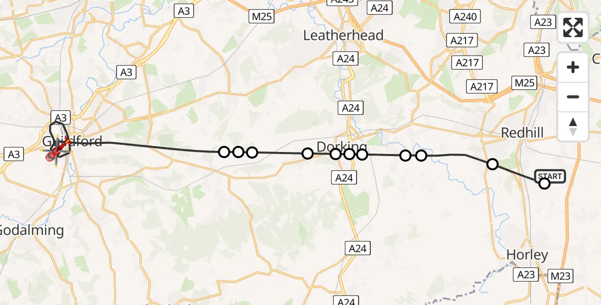 Flight route Air Ambulance Helicopter Redhill Aerodrome - Guildford, 04 August 2026, 22:20