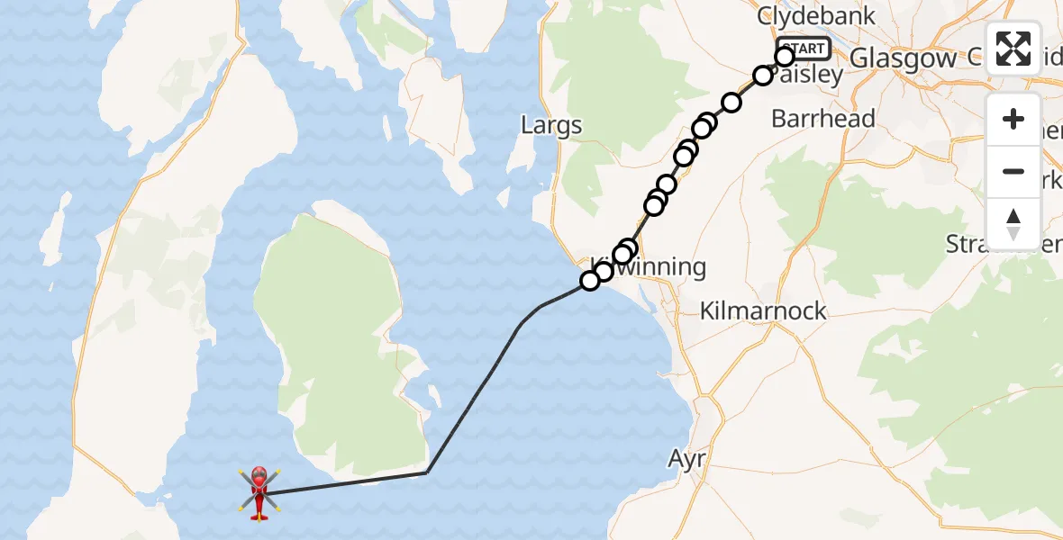 Flight route Air Ambulance Helicopter Glasgow Airport - Inner Seas, 04 August 2026, 22:26