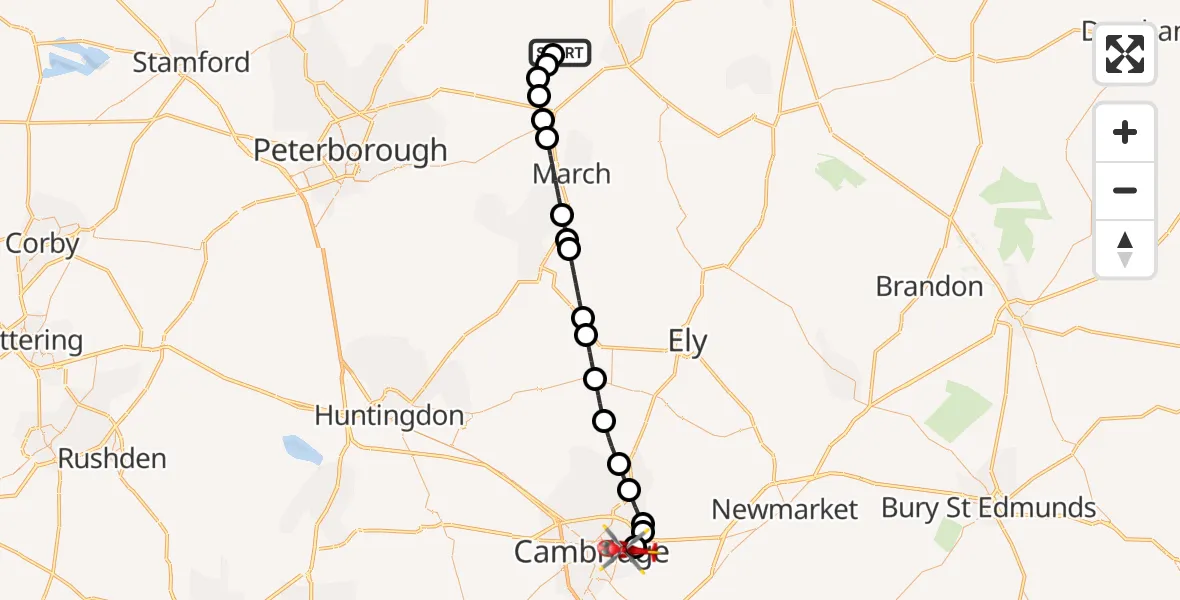 Flight route Air Ambulance Helicopter Gorefield - Cambridge City Airport, 04 August 2026, 22:46