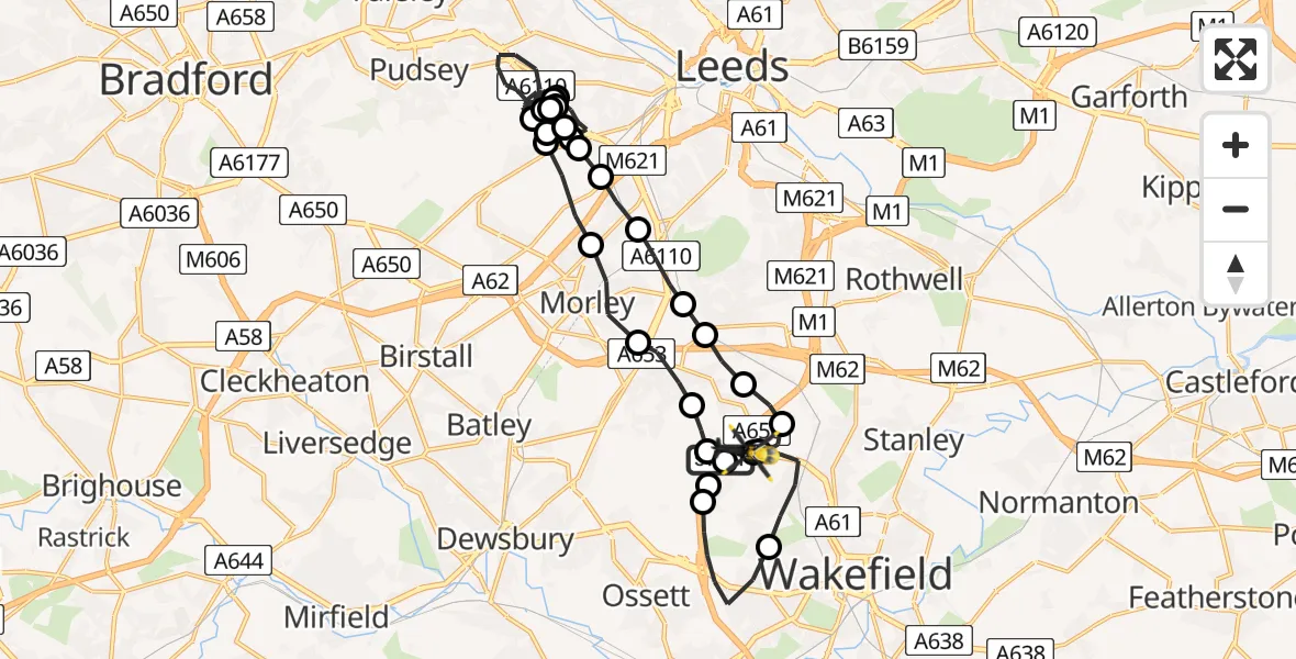 Flight route Police Helicopter East Ardsley - East Ardsley, 05 August 2026, 00:05