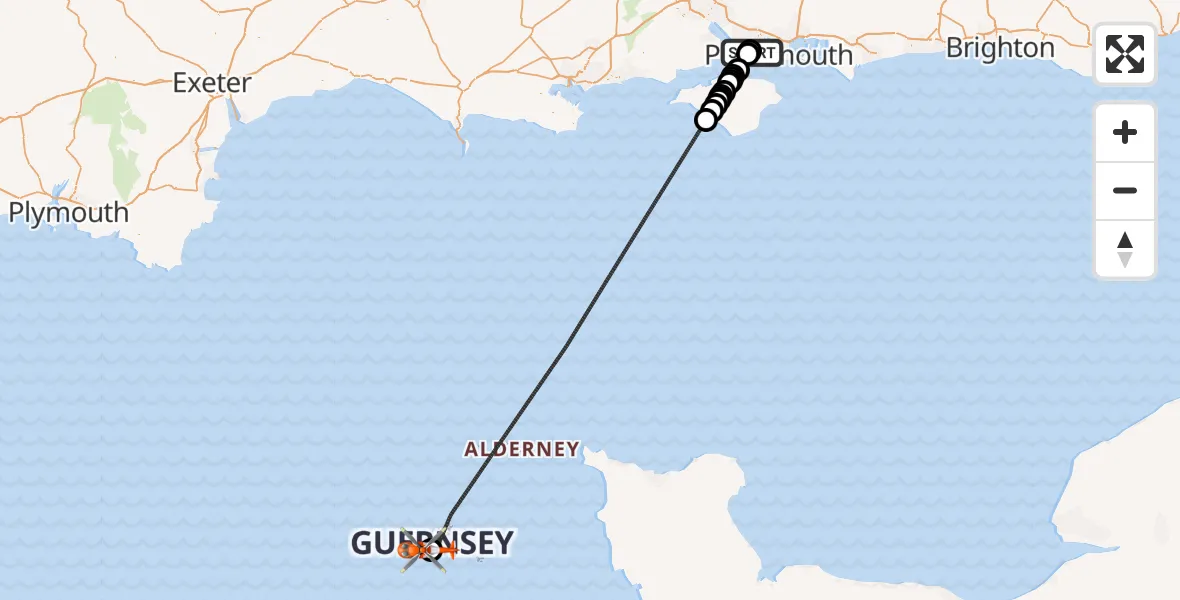 Flight route Coastguard Helicopter Solent Airport - Guernsey Airport, 05 August 2026, 00:07