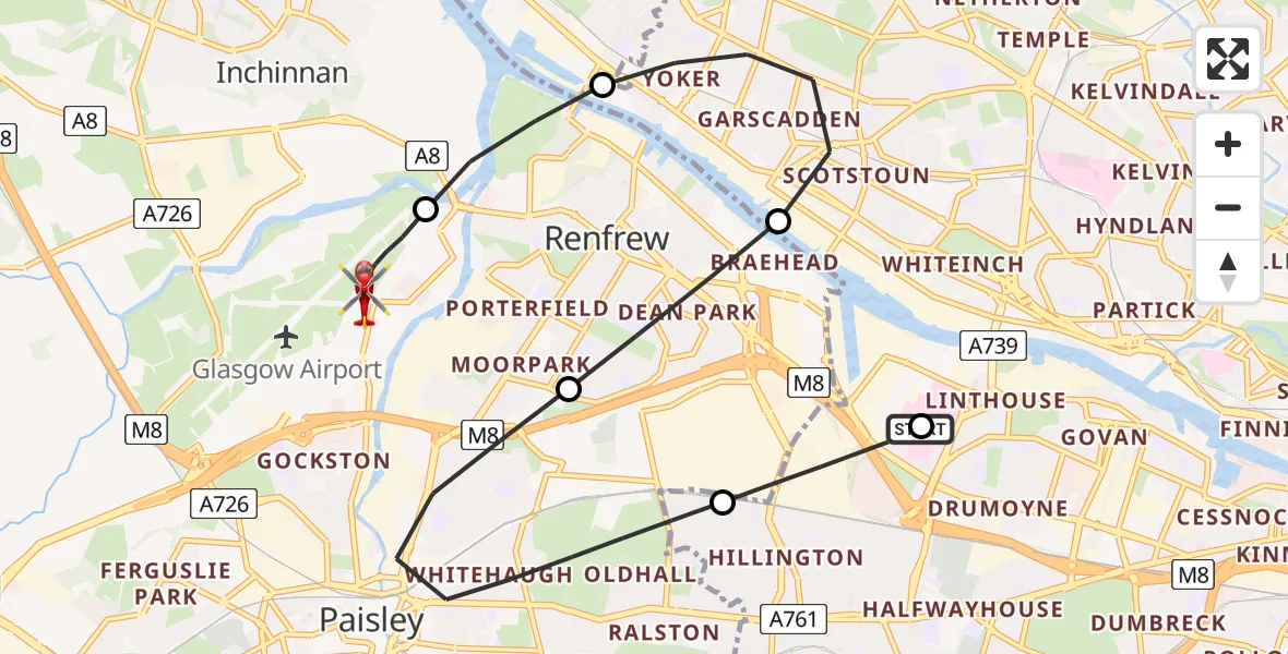 Flight route Air Ambulance Helicopter Queen Elizabeth Hospital - Glasgow Airport, 05 August 2026, 00:22